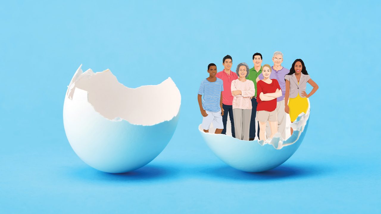 A group of employees hatch from an egg. 