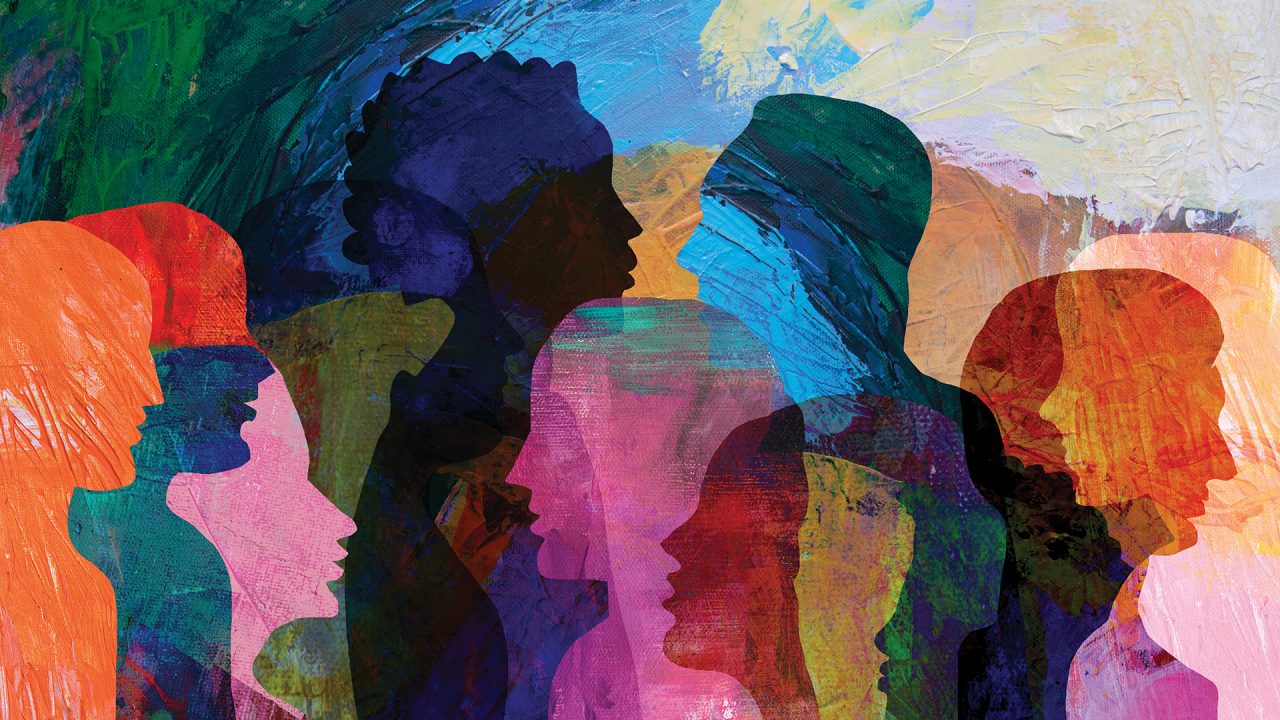 A colorful abstract painting displaying many portraits.