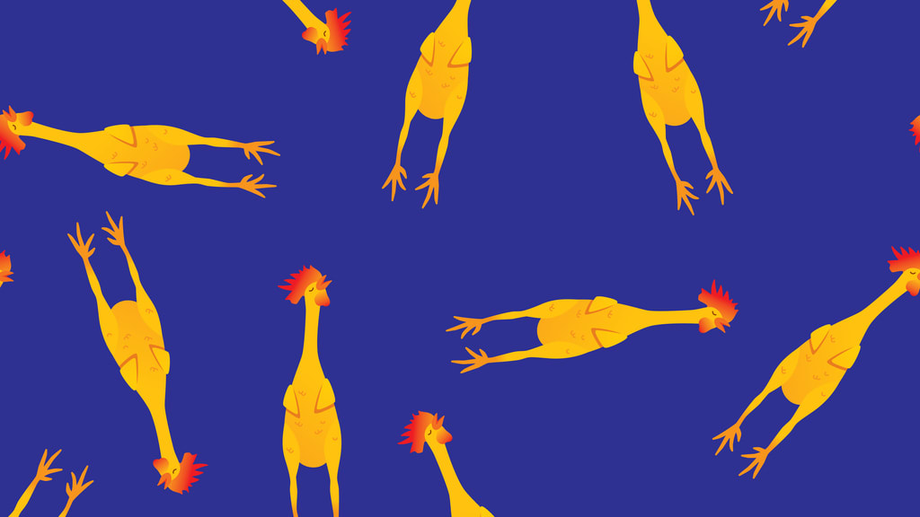 A pattern of chickens on a blue background.