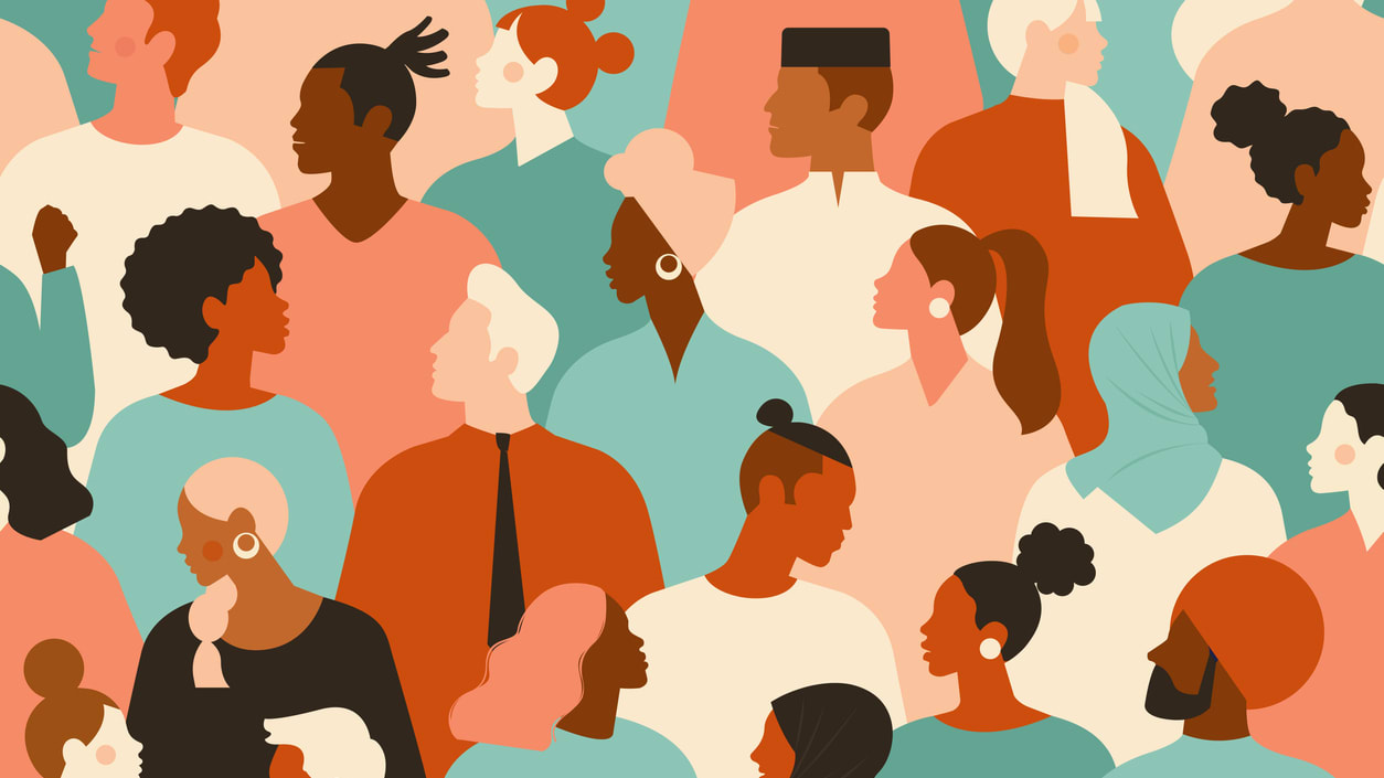 A crowd of people with different ethnicities.