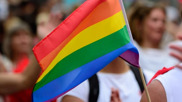 A group of people waving a rainbow flag in a crowd.