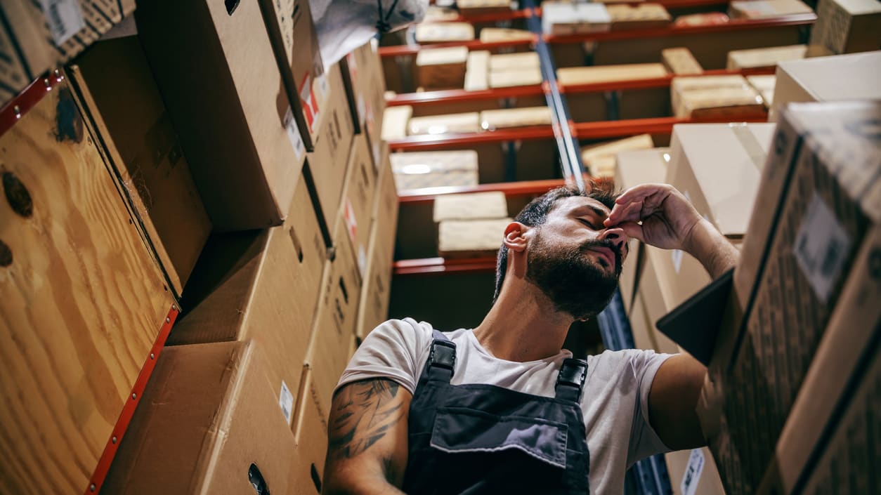 A warehouse worker with a beard sitting in a stack of boxes.