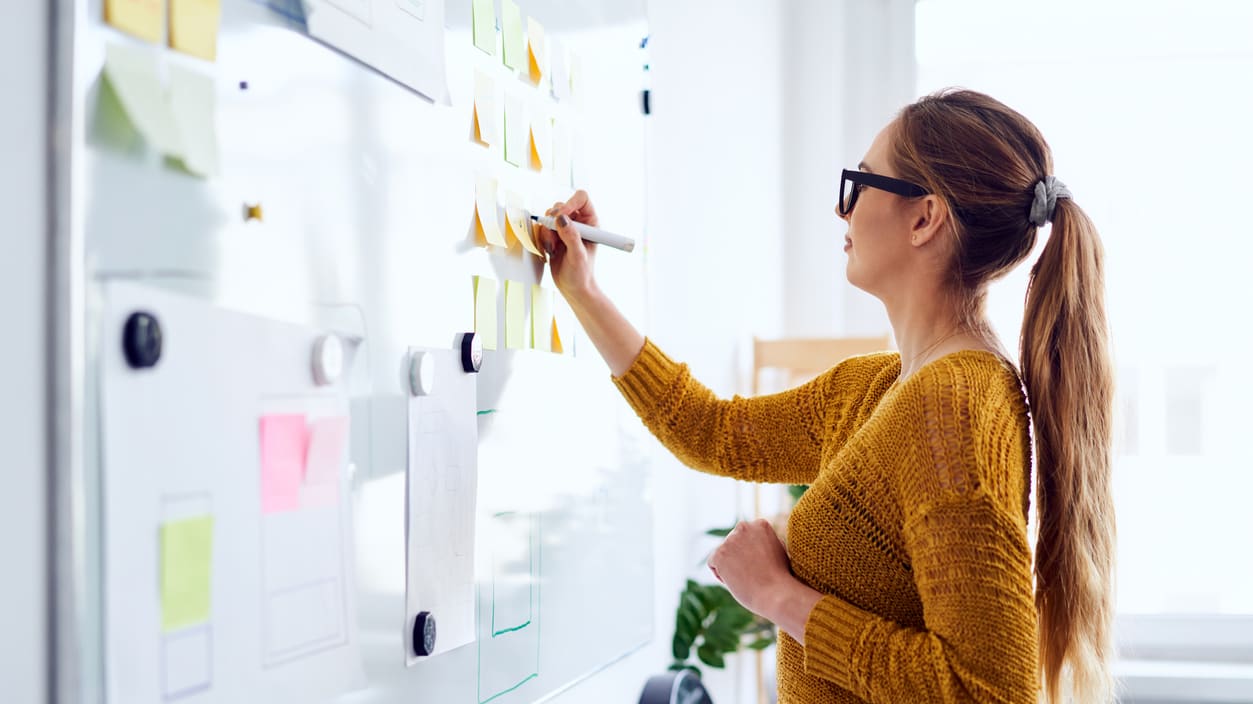 A woman writing on a whiteboard with sticky notes.