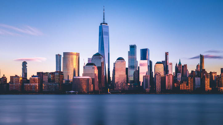 New york city skyline at dusk.