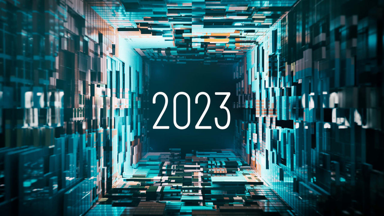 A futuristic tunnel with the word 2023 written on it.