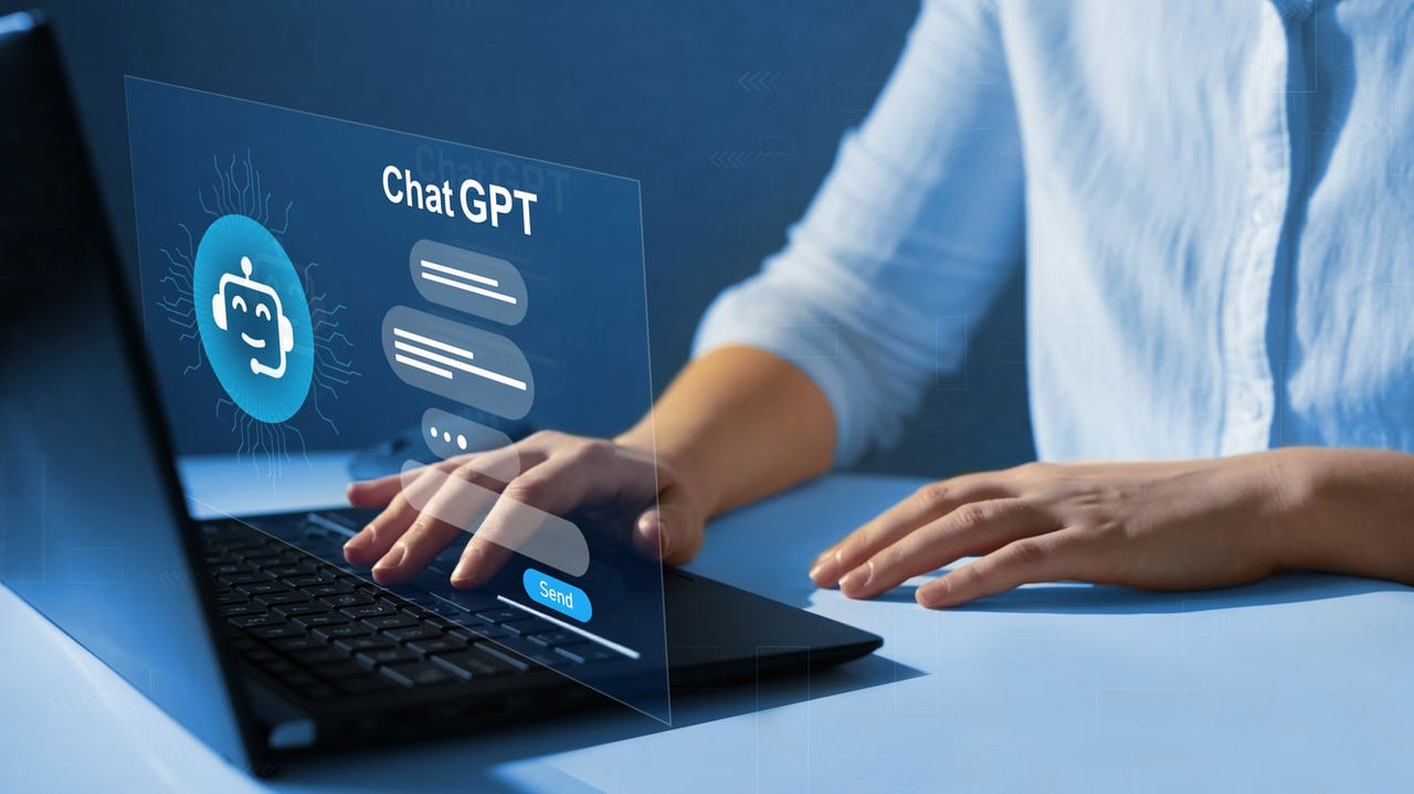 A woman is typing on a laptop with the word gpt on it.