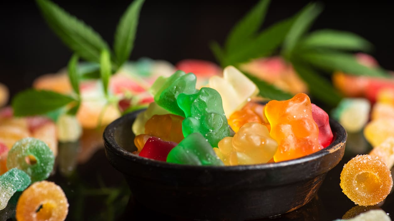 Cbd gummy bears in a bowl.