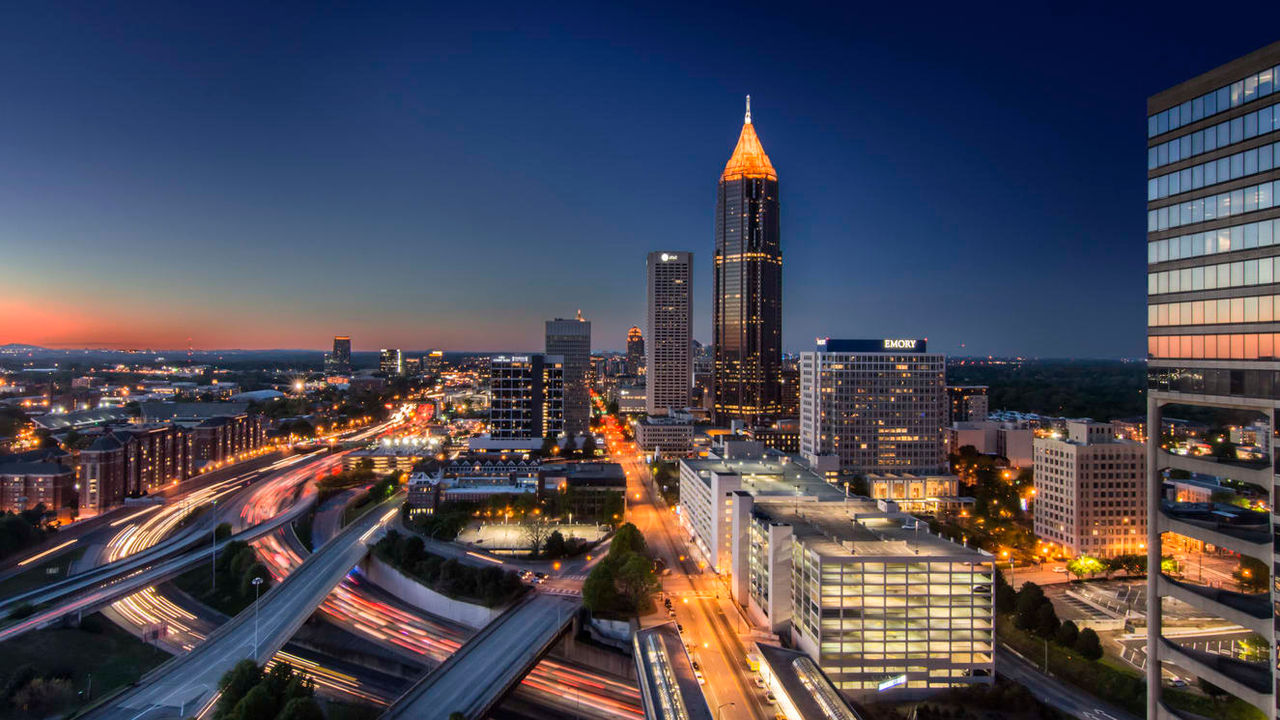 Atlanta skyline at dusk.