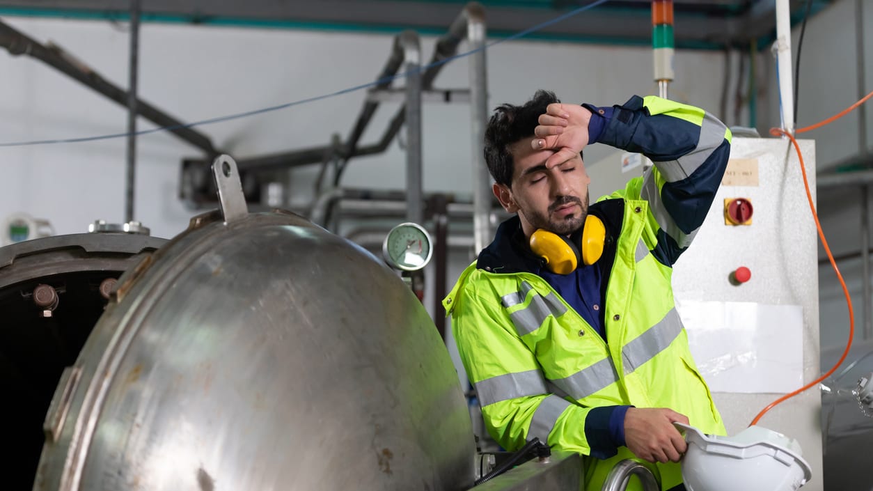 A man in a safety vest is standing next to a large machine.