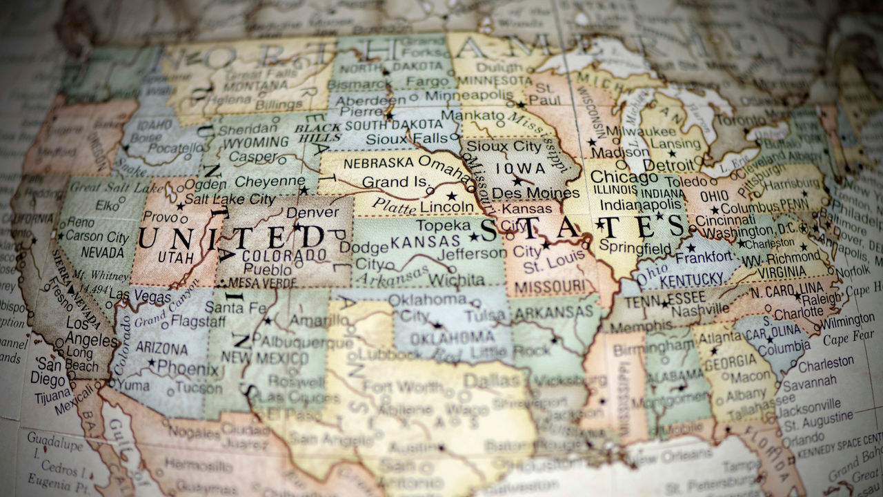 A close up of a map of the united states.