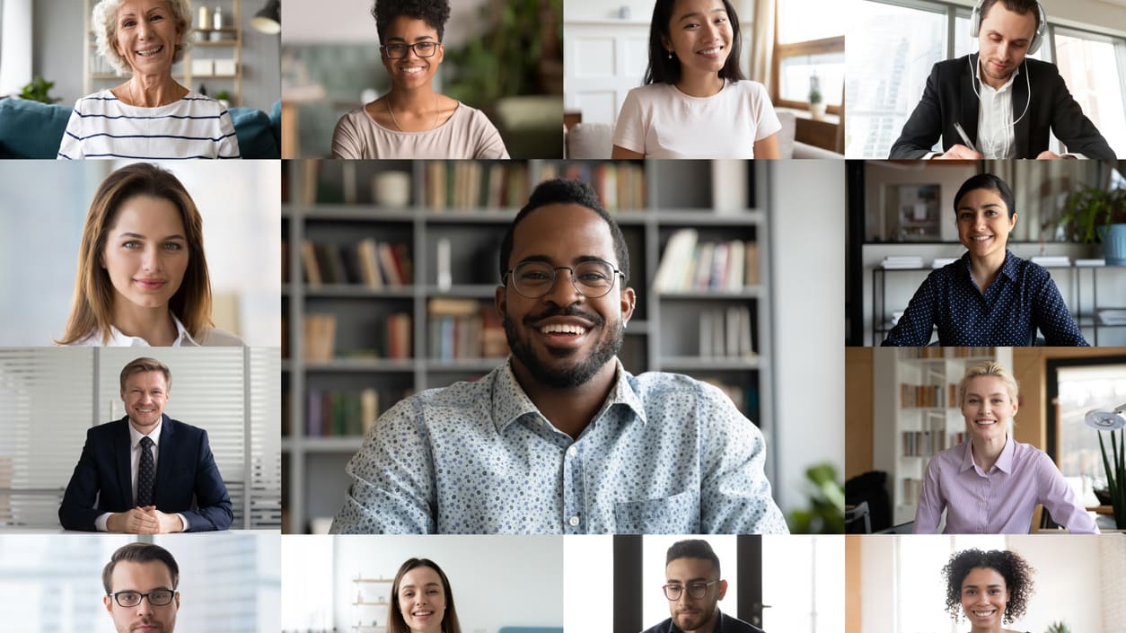 A collage of business people smiling in front of a camera.