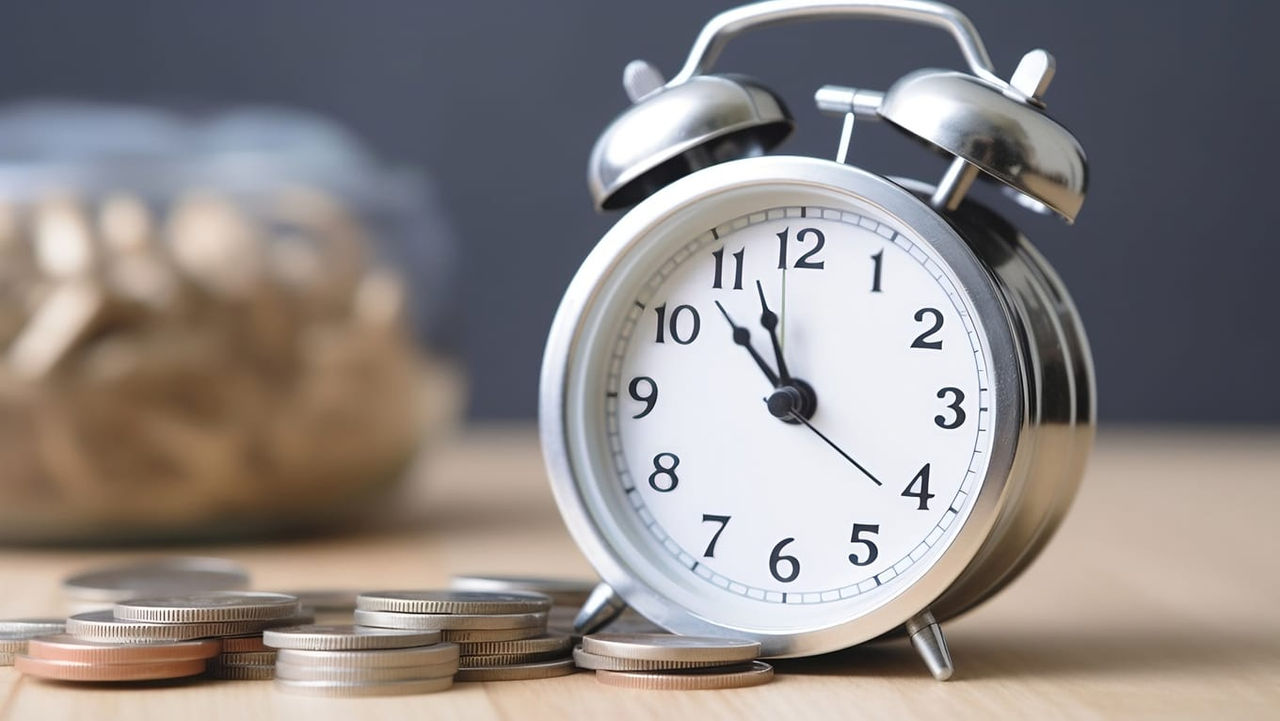 An alarm clock next to a pile of coins on a wooden table.
