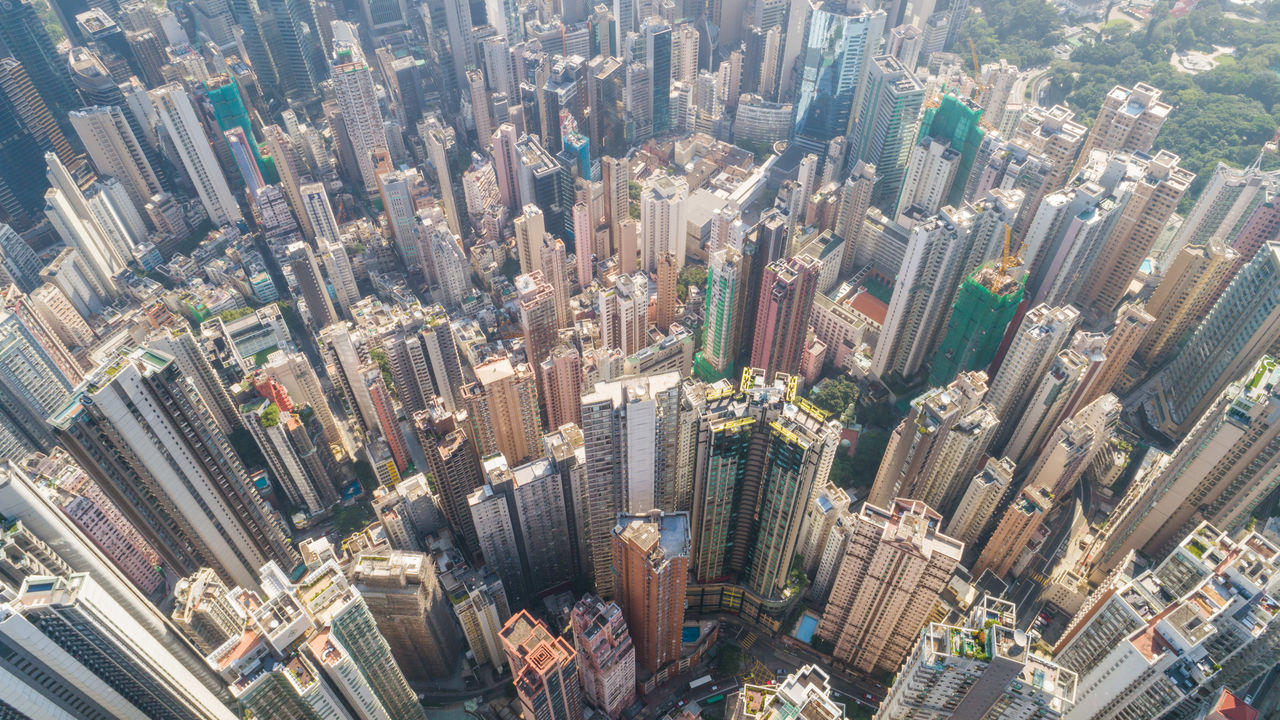 Aerial view of skyscrapers in hong kong.