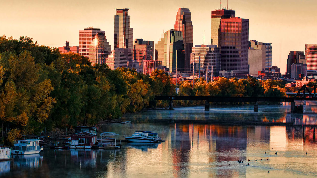 A city skyline in the distance.