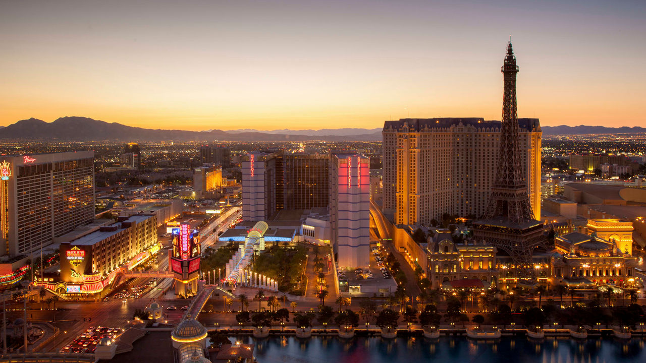 The las vegas strip at dusk.