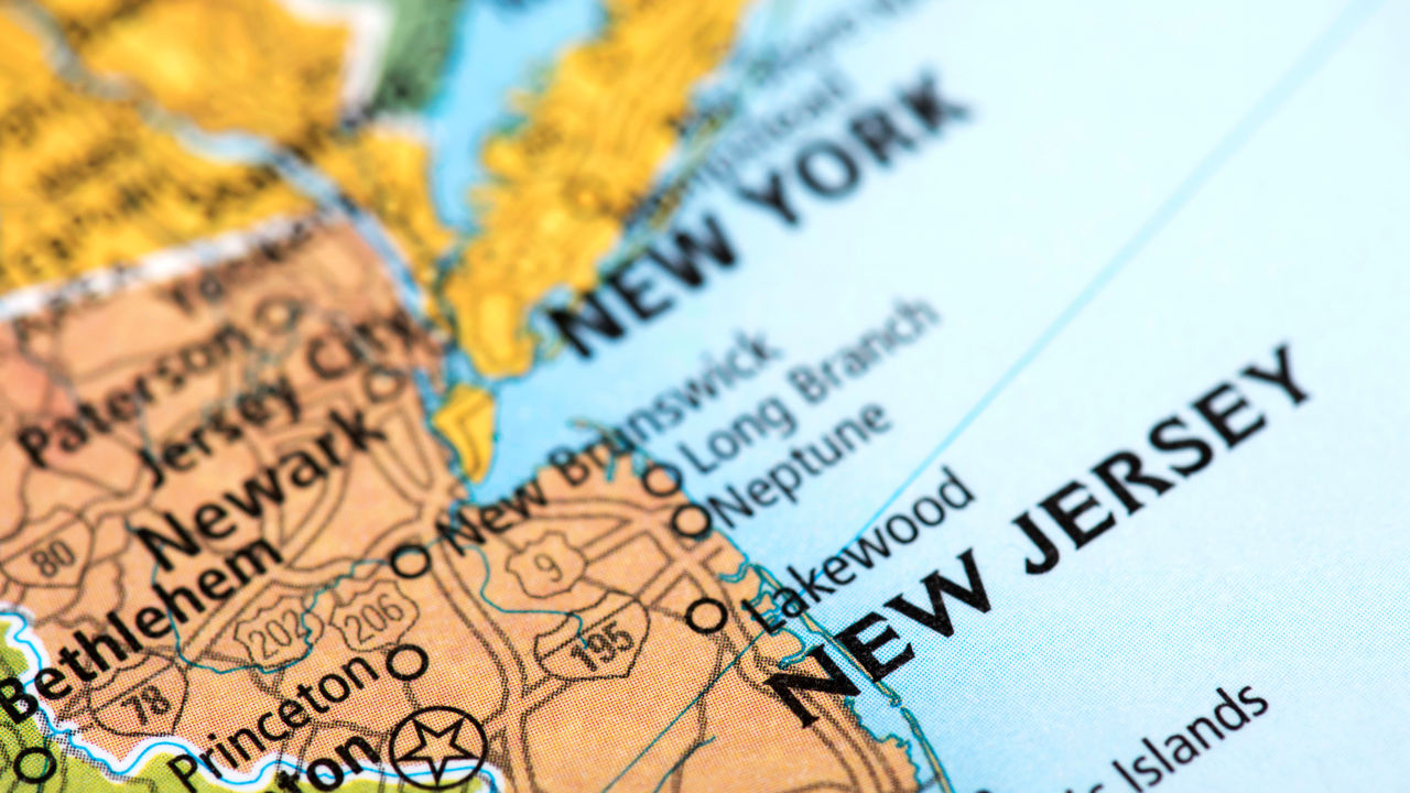 A close up of a map of new jersey.