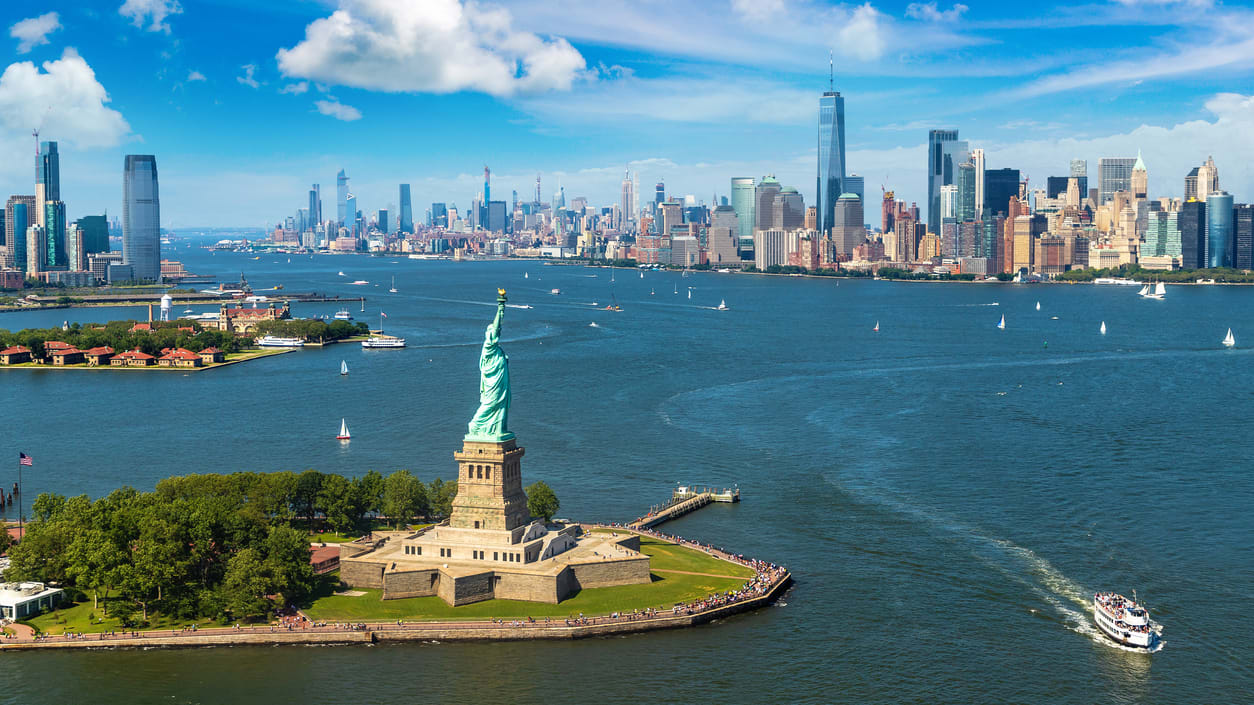 A view of the statue of liberty in new york city.