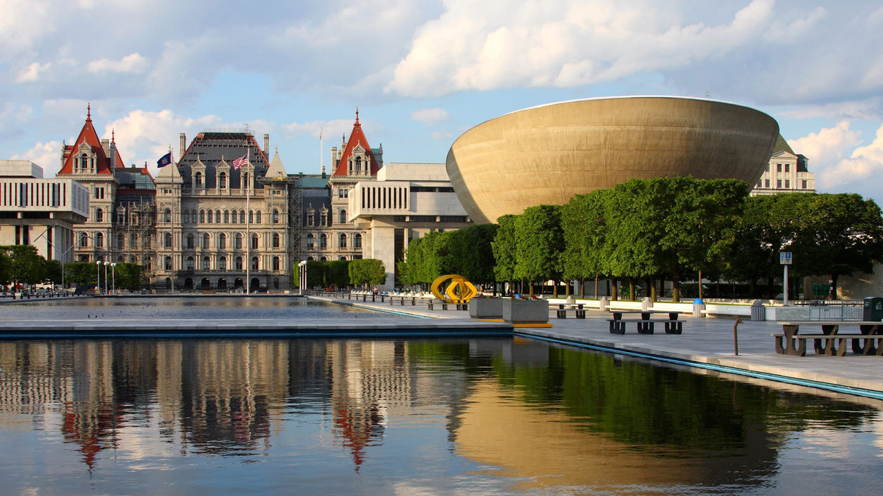 A large building in the background.