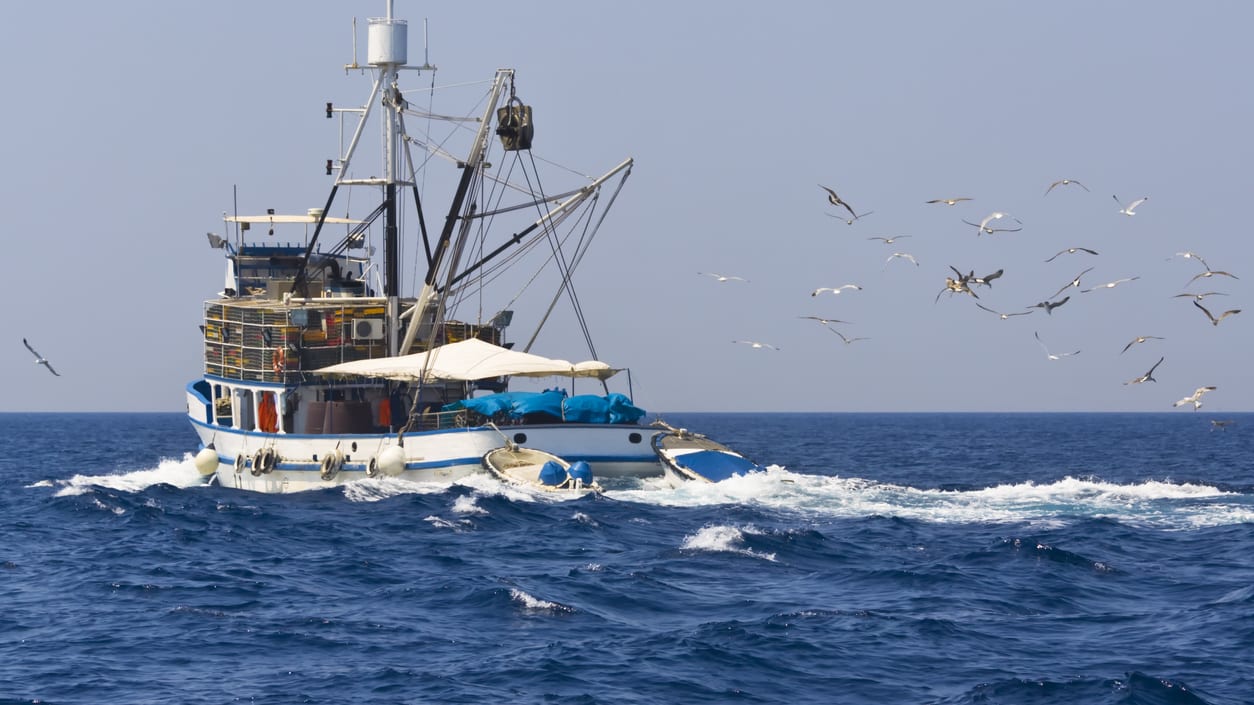 A fishing boat in the ocean with birds flying around it.