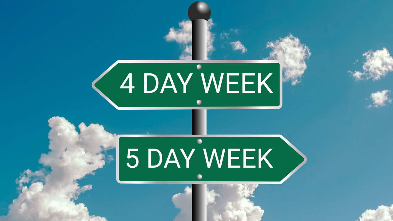A green sign pointing to a 4 day week and a 5 day week.
