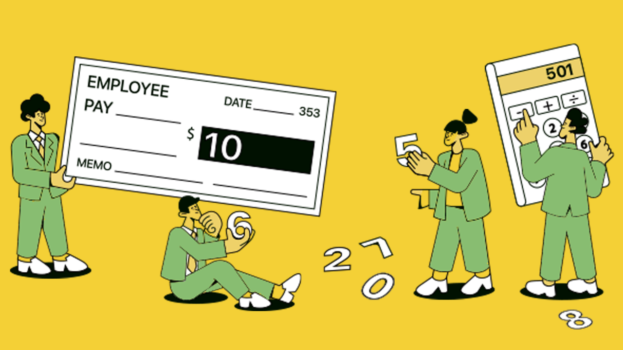 An image featuring a stylized illustration of three figures interacting with oversized numbers and currency symbols to represent employee compensation and pay strategy concepts. One figure holds a large paycheck, another is seated next to a giant number two, while the third stands with a calculator, symbolizing the calculation and analysis of employee salaries. The background is a warm yellow, suggesting a friendly and approachable take on financial topics.