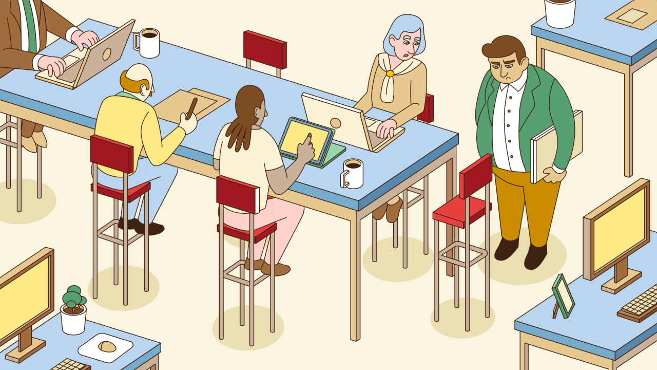 Illustration of a diverse group of individuals working in an office setting, with a man standing and holding books, appearing excluded from the seated group engaged in digital tasks.