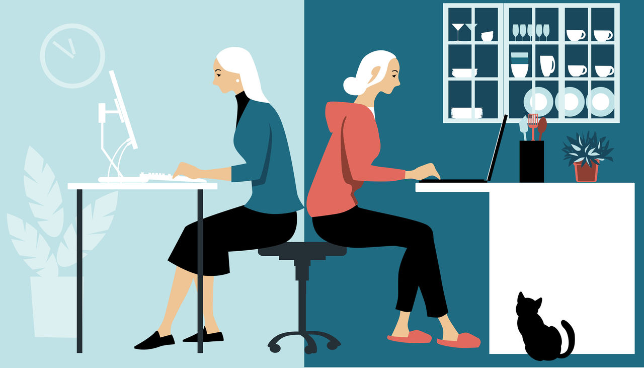 This is an illustration of two individuals working at standing desks in a modern office or home setting, facing a pale blue wall. Both individuals are depicted with white hair and are wearing smart casual attire, with the one on the left in a blue top and black trousers, and the one on the right in a red top and black trousers. The person on the left is typing on a keyboard attached to a desktop computer, while the one on the right is working on a laptop. There's a sleek, white desk lamp, a clock showing ten past ten, and decorative plants enhancing the workspace. On the right, shelves with neatly arranged white mugs and plates are visible. Below the right desk, a black cat is sitting, looking upward. The scene suggests a calm and organized remote work environment.
