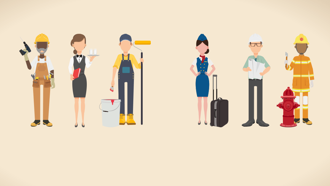 Illustration depicting a variety of workers in different uniforms, from left to right: a construction worker with a drill and toolbox, a server carrying a tray with drinks, a painter with a roller and paint bucket, an airline stewardess with a suitcase, an architect with blueprints, and a firefighter standing next to a fire hydrant.