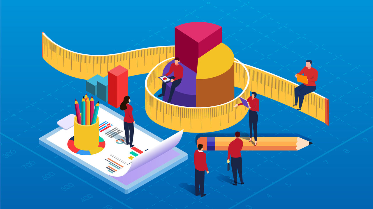 Isometric business concept with people and graphs on a blue background.