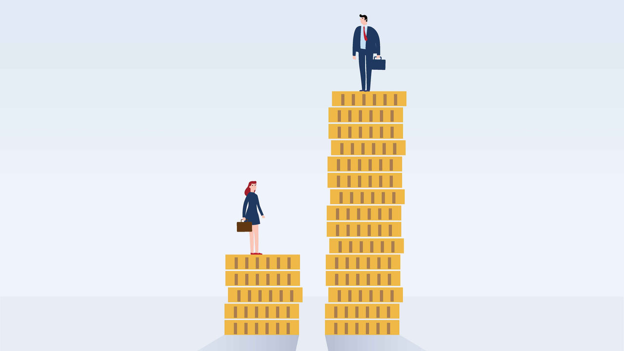 Businessman and woman standing on top of stacks of gold coins.