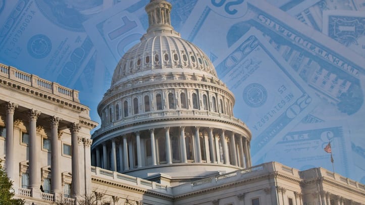 The united states capitol building with a transparency of money overlaid on top of the sky
