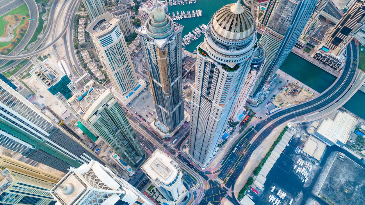 An aerial view of the skyscrapers in dubai, united arab emirates.