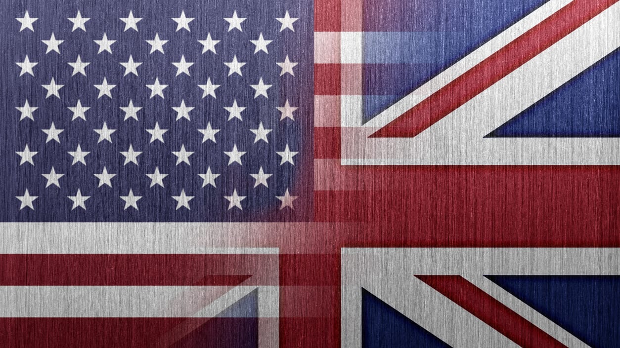 British and american flags on a metal background.