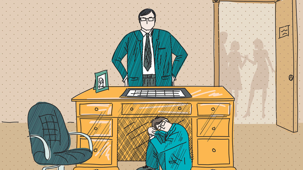 A cartoon illustration of a man hiding under a desk.