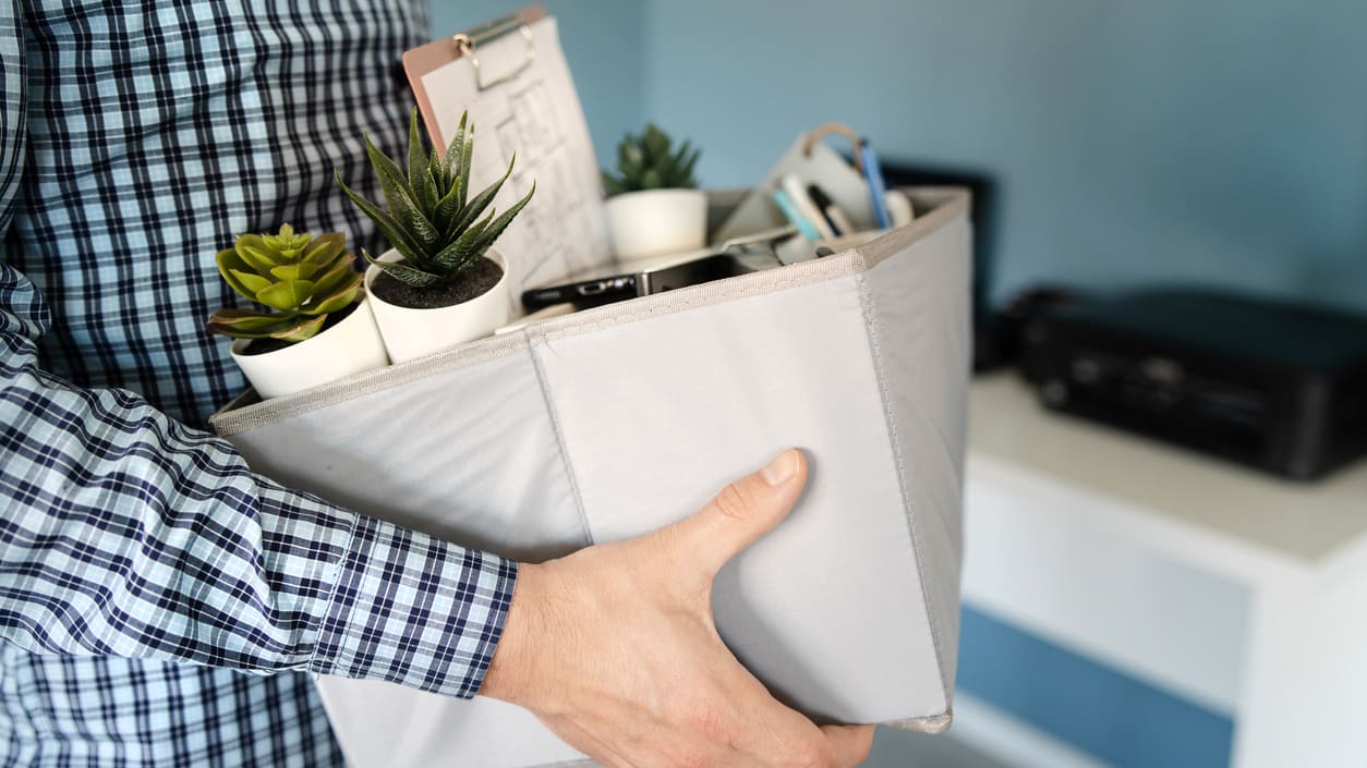 A man is holding a bag full of plants and office supplies.