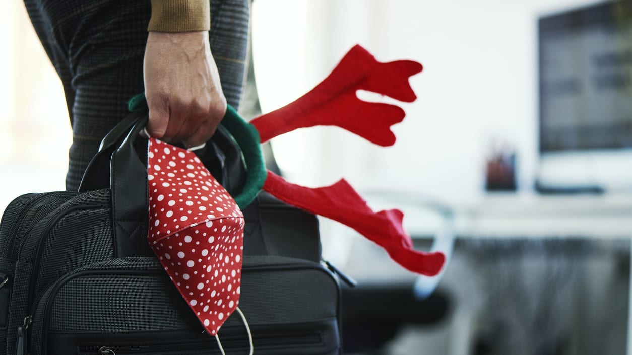 A person holding a suitcase with reindeer antlers on it.
