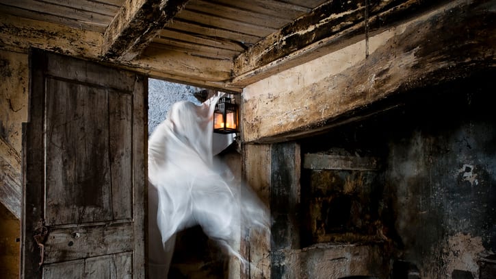 A ghost in a white dress is standing in a doorway.