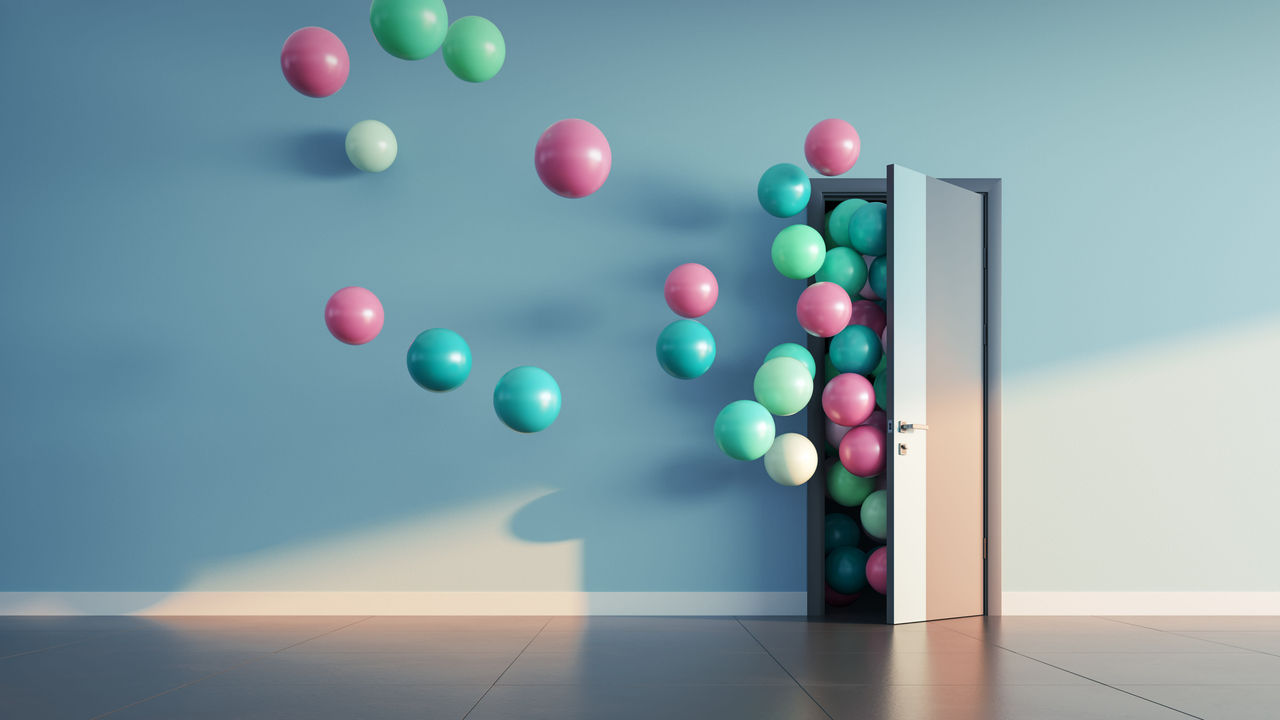 Colorful balloons are flying out of an open door.