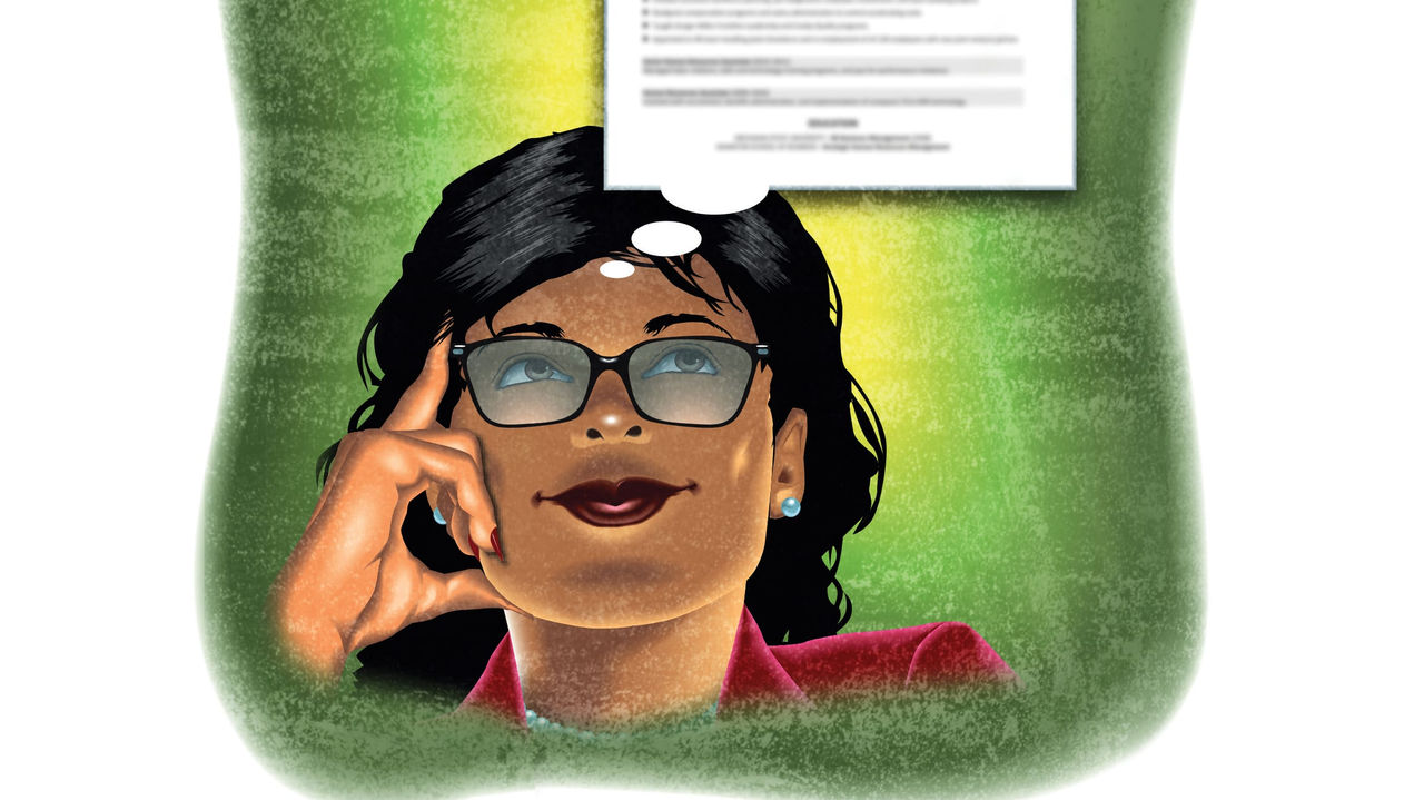 An illustration of a woman with glasses and a piece of paper above her head.