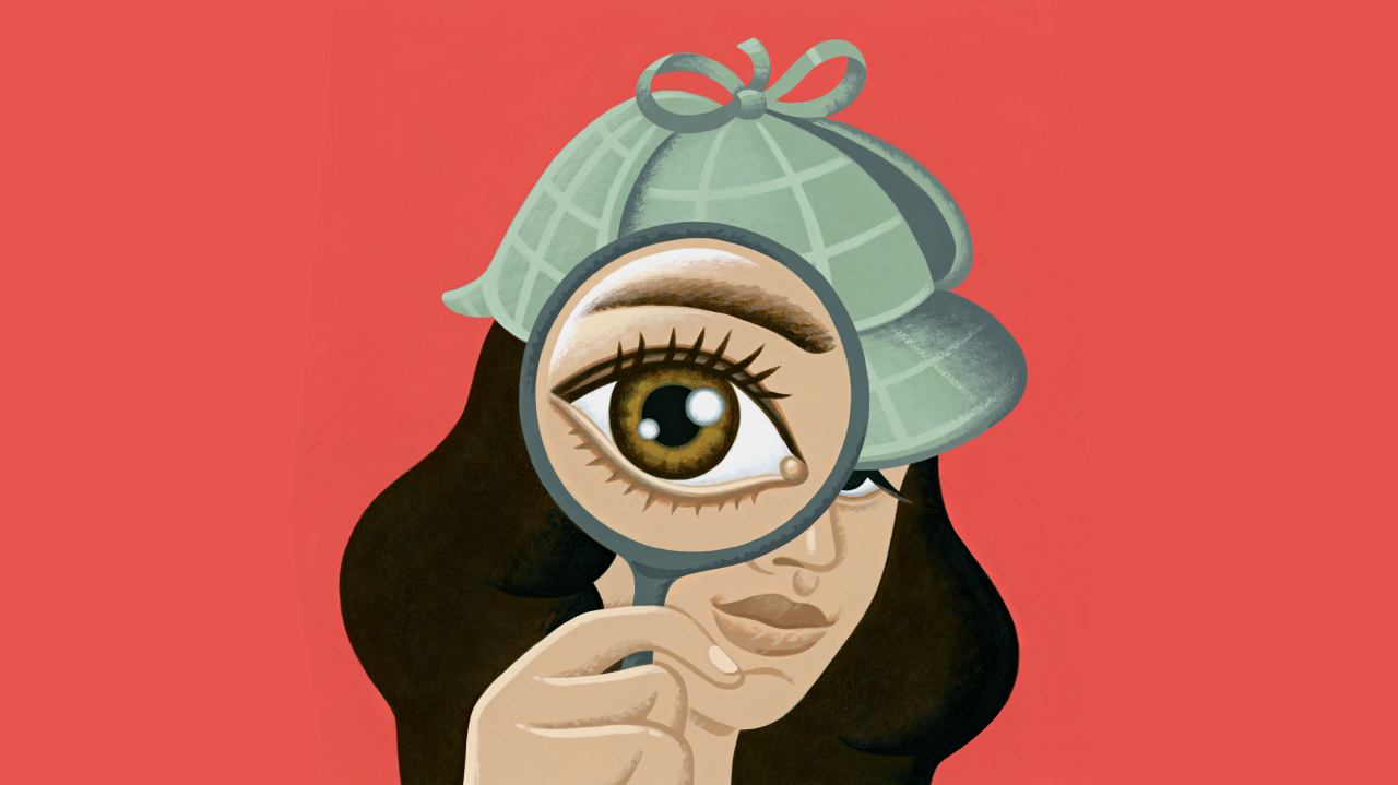 An illustration of a woman looking through a magnifying glass.