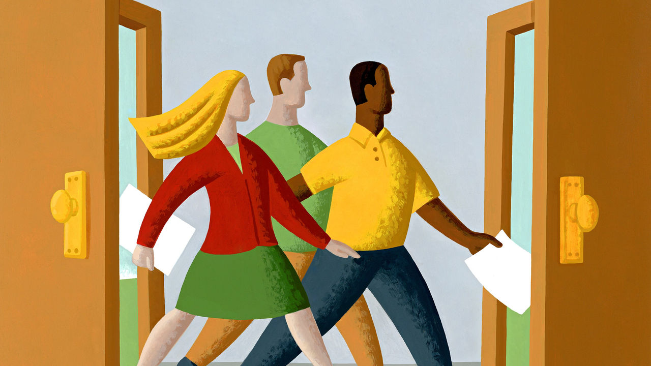 Illustration of a group of people walking out of an open door.