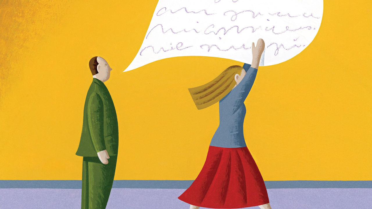 An illustration of a man and woman holding a speech bubble.