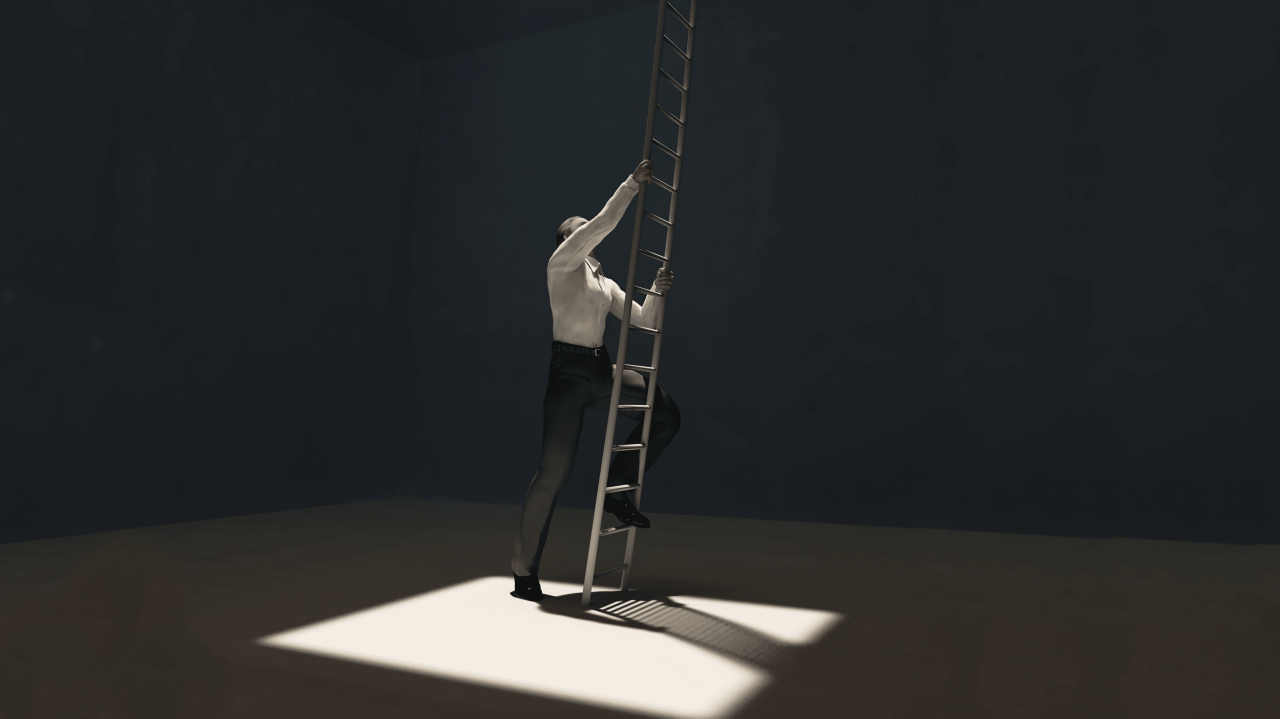 A man climbing a ladder in a dark room.