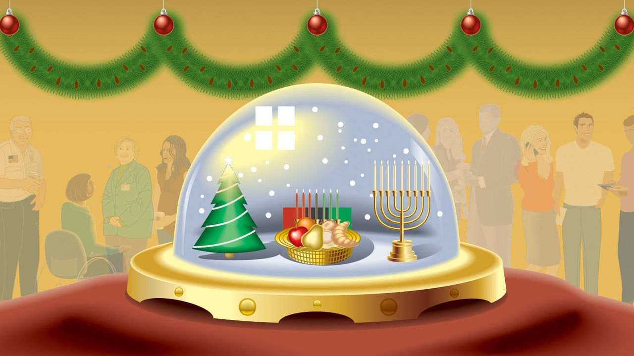 A snow globe with a christmas tree and menorah.
