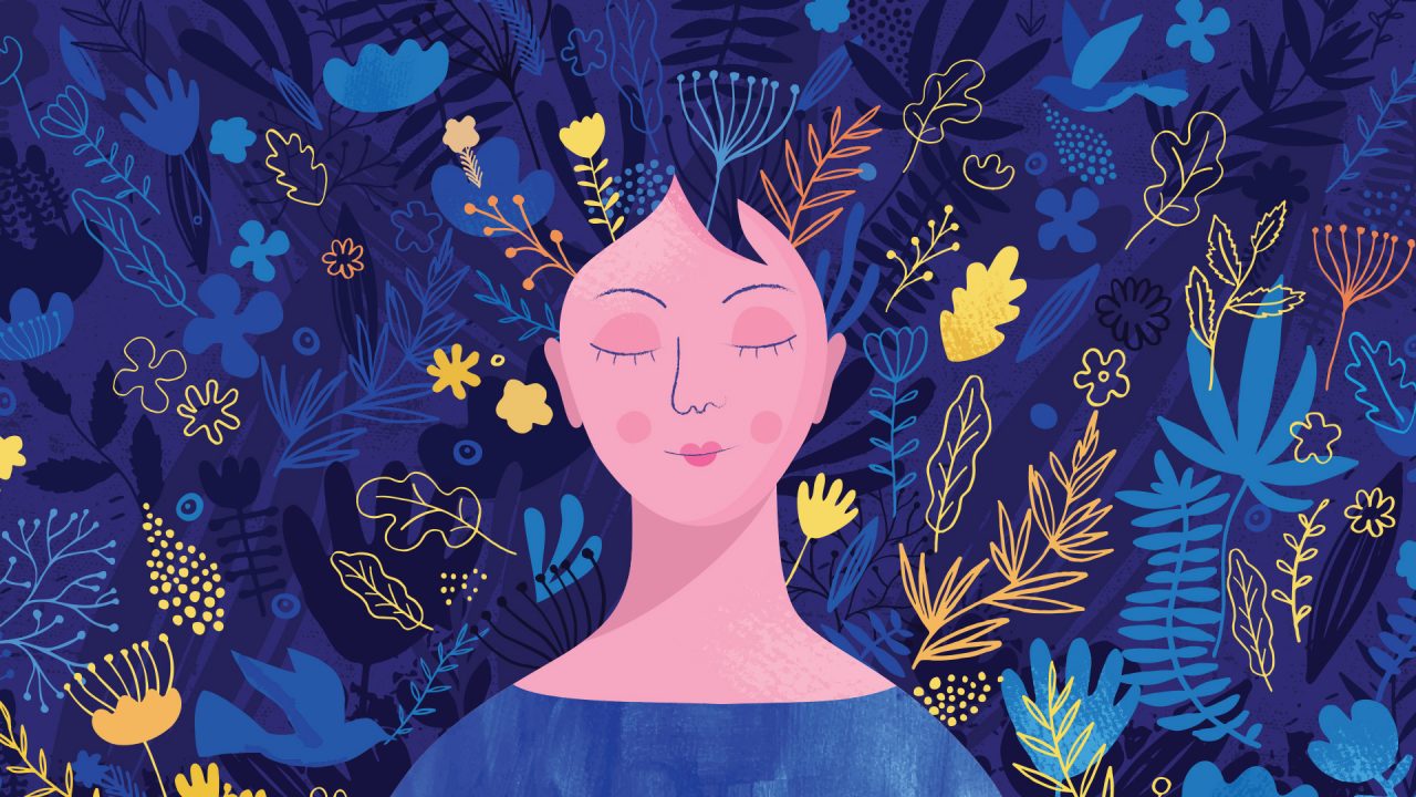 A cartoon woman is surrounded by a floral arrangement