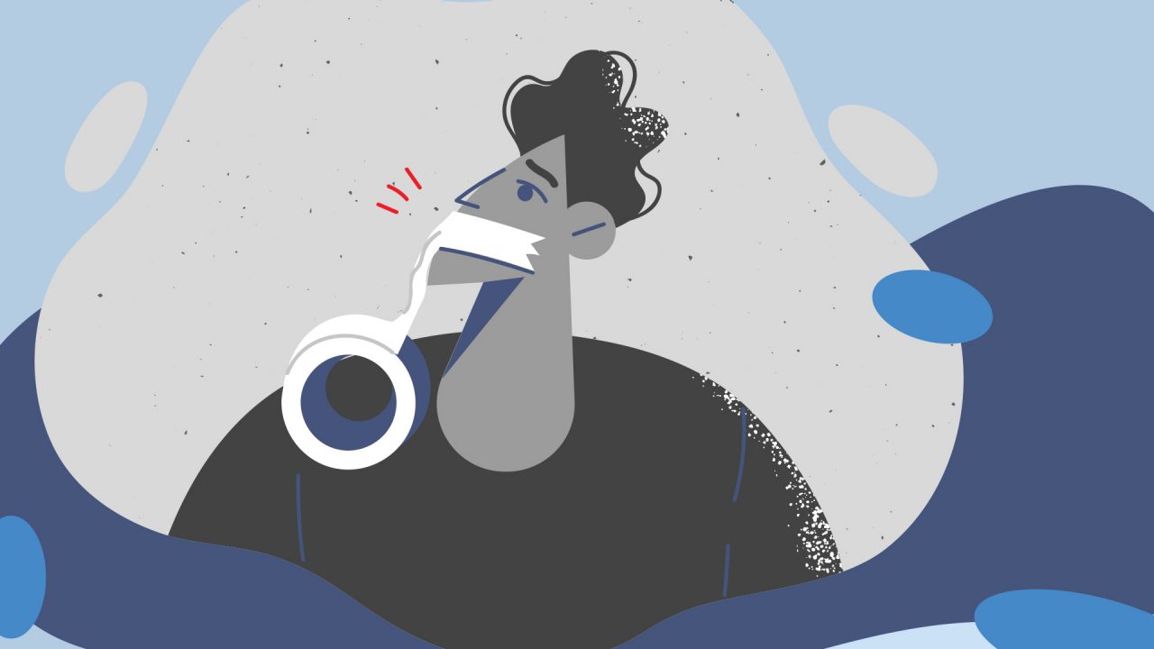 A cartoon with a person with tape over their mouth