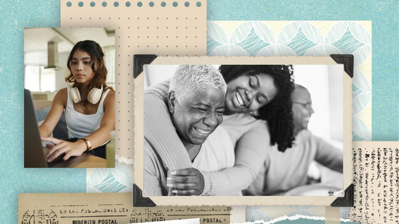 A collage shows photos of people of many ages.