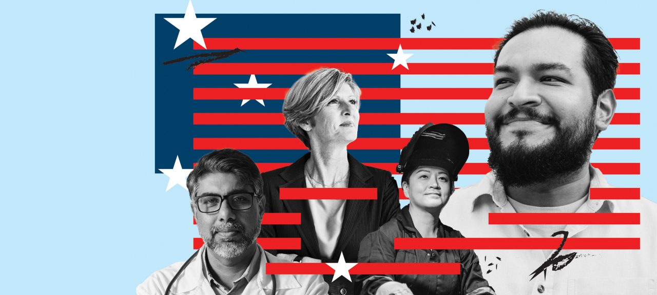 Workers representing various ethnicities and industries are gathered with elements of the U.S. flag