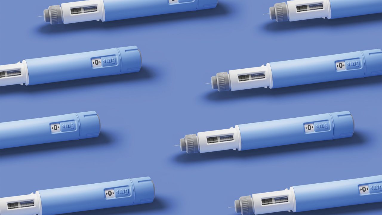 GLP-1 injectables arranged in a pattern.