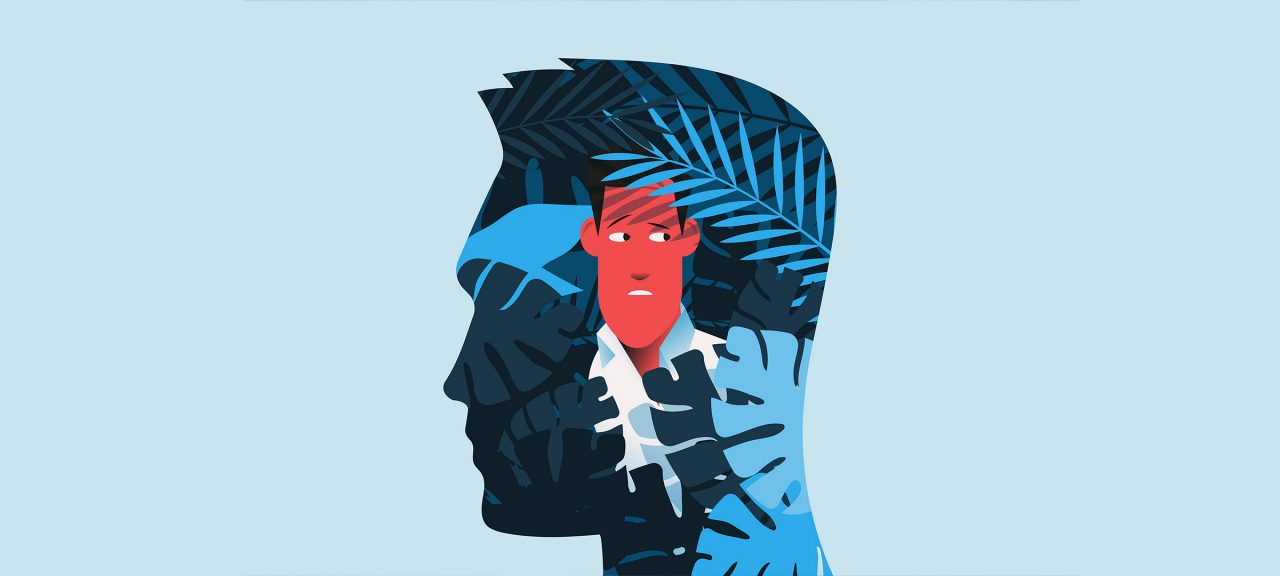 Imposter Syndrome is personified by an image on a worried face within a larger head.